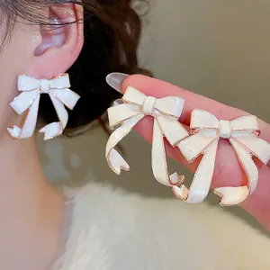 Bowknot Enamel Drop Oil Earrings With Silver Earring Post Elegant French Vintage Sweet Jewelry For Women