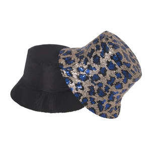 Close-up of reversible bucket hat with blue leopard sequins and plain black matte side