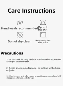 Care label showing hand wash, do not bleach, and do not dry clean symbols for sun visor