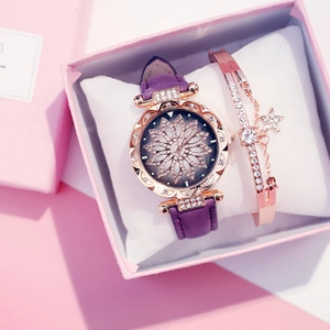 Detail of purple leather watch with rhinestone floral dial and rose gold star charm bracelet