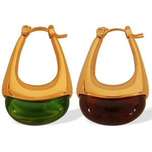 Vintage teardrop U-shaped hoop earrings in polished gold with green and amber resin