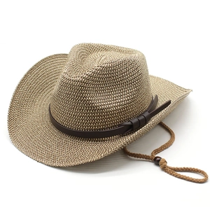 Khaki straw western cowboy hat with leather band and adjustable chin strap on white background