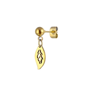 Macro detail of gold ball stud earring with elegant hollow leaf charm in stainless steel