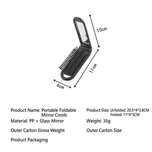 Portable black folding hairbrush with integrated mirror for compact makeup and travel use