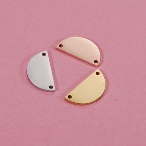 Polished stainless steel semi-circle pendants in gold, silver, and rose gold with dual holes