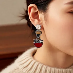 French vintage silver flower drop earrings with oval agate style in luxury design
