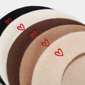 Classic wool beret with heart embroidery available in five autumn earthy colors