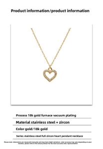 Detail of 18K gold plated stainless steel heart necklace with cubic zirconia paving