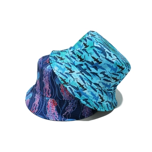 Summer bucket hats with jellyfish and shark prints for outdoor sun protection
