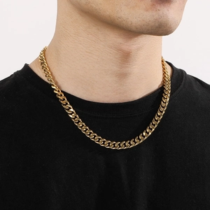 Classic gold cuban chain necklace in stainless steel shown on a model neck