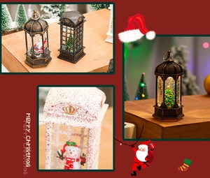 Detail of vintage Christmas lanterns with LED lights and holiday character figurines