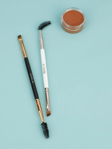 Dual-ended angled eyebrow brush and spoolie set with black and white handles