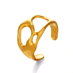 Irregular liquid style open ring in 18K gold plated stainless steel on white background