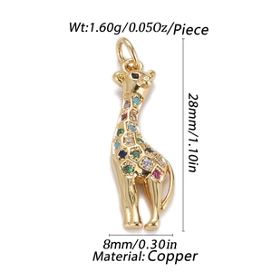Golden copper giraffe pendant with colorful zircons, size 28mm by 8mm for DIY jewelry