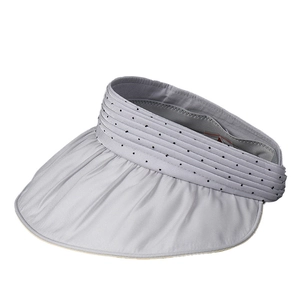 Grey organza sun hat with wide brim and black polka dots for UV protection in summer
