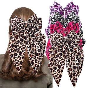 Large Bow Hair Clip With Long Streamers Satin Fabric Leopard Floral Print Spring Clip Elegant Handmade Hair Accessory For Women