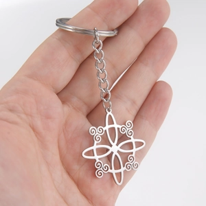 Polished stainless steel Celtic witch knot keychain with hollow geometric totem pendant