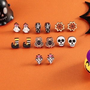 Wood Halloween Stud Earrings Printed Ghost Skull Spider Patterns Horror Festive Costume Jewelry For Women Girls