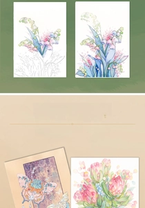 Detail of watercolor painting book showing color blending effects on flower and butterfly illustrations