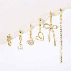 Gold bow heart hoop earrings set with zircon tassels and elegant pearls for women