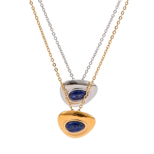 French vintage titanium steel necklace with lapis lazuli pendant in gold and silver
