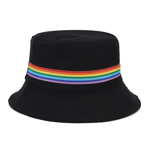 Black cotton canvas bucket hat with rainbow striped ribbon, foldable summer sun hat