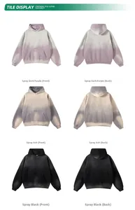 Detailweergave van spray-dyed hoodies in paars, grijs en zwart met handige kangoeroezakken