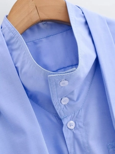 Close-up of a light blue stand collar shirt with detailed texture and button stitching