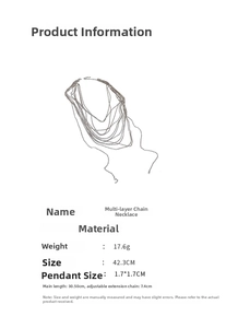 Detail view of silver layered chain necklace with dimensions and material specifications