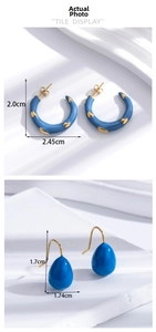 Detail showing dimensions of blue C-shaped and waterdrop earrings with gold plating