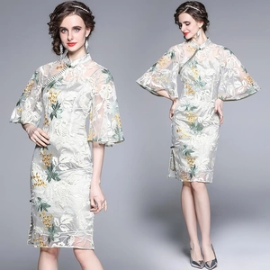 Improved Qipao Dress Chinese Style Lace Mesh Embroidery With Sequins Stand Collar Flare Sleeve Midi Length Elegant