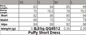 Size chart showing dress length and bust measurements for the V-neck mini puff dress