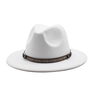 Classic white wool felt fedora hat featuring an ethnic patterned decorative band and silver rings