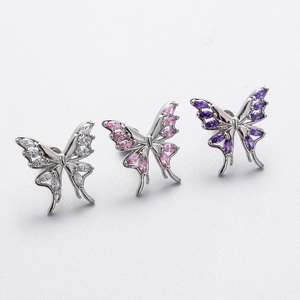 Elegant butterfly titanium steel screw-back earrings with white pink and purple gems
