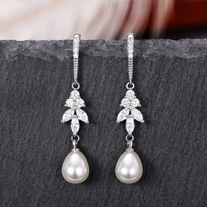 Elegant silver drop earrings featuring sparkling marquise zircons and teardrop pearls