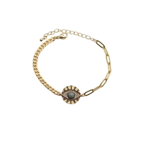 Adjustable evil eye bracelet with blue zircon and asymmetric gold-plated paperclip chain