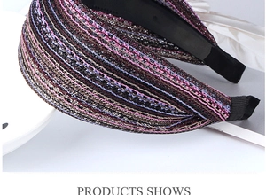 Macro detail of multicolored braided texture on a breathable wide mesh headband