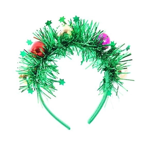 Detail of Christmas headband with green tinsel, colorful sequined balls and green stars