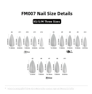 Detailed size chart for camellia pearl press-on nails including XS, S, and M dimensions