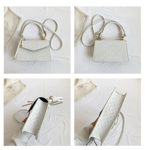 Detail view of white quilted shoulder bag showing four angles and knotted handle design