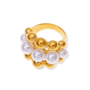 Polished 18k gold plated hollow bead ring with inlaid white pearls for women