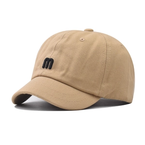 Khaki short brim baseball cap with black 3D embroidered M letter in vintage style