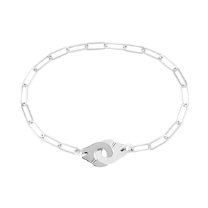 Silver paperclip chain bracelet with interlocking handcuffs on a clean white background