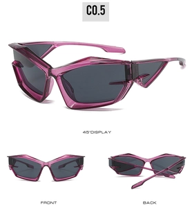Detail view of purple semi-transparent cat eye sunglasses from front, back and side angles