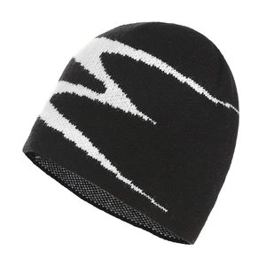 Winter knit beanie hat with black and white lightning pattern for outdoor warmth