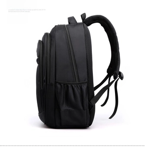 Side view of black business laptop backpack showing elastic side mesh pocket for water bottle