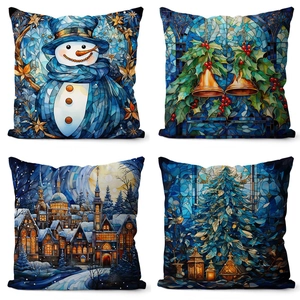 Christmas Pillow Covers Polyester Flannelette Stained Glass Style Snowman Santa Reindeer Decorative Cushion Covers Holiday Decor