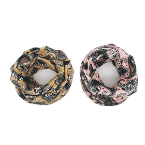 Set of two mustard yellow and light pink paisley plush beanies with soft fleece lining