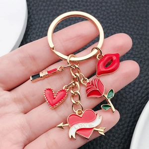 Creative red lips and rose gold keychain with love heart and lipstick charms