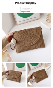Detail of straw woven envelope clutch with tassel and wristlet for beach vacations